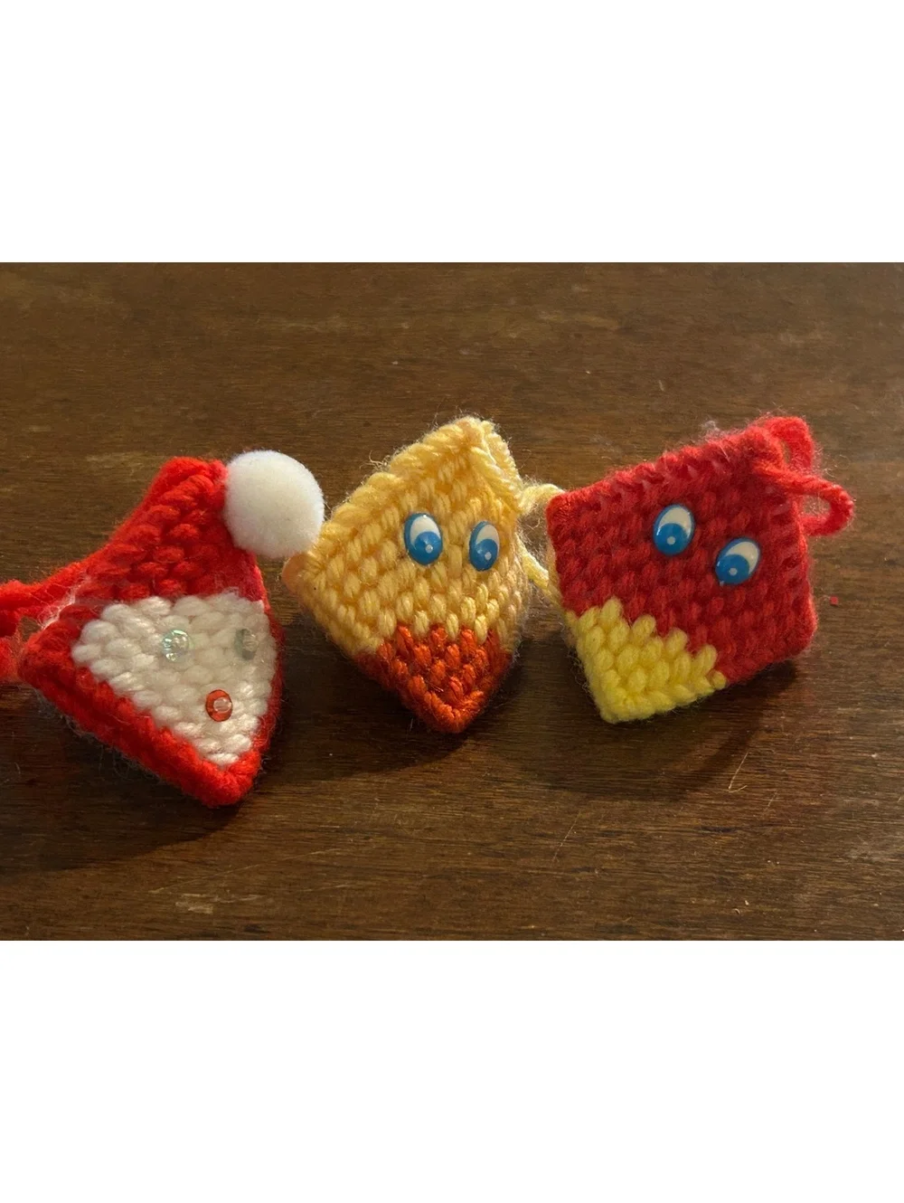 Set of 3 Hand-Knitted Holiday Mini Ornaments - Santa and Birds